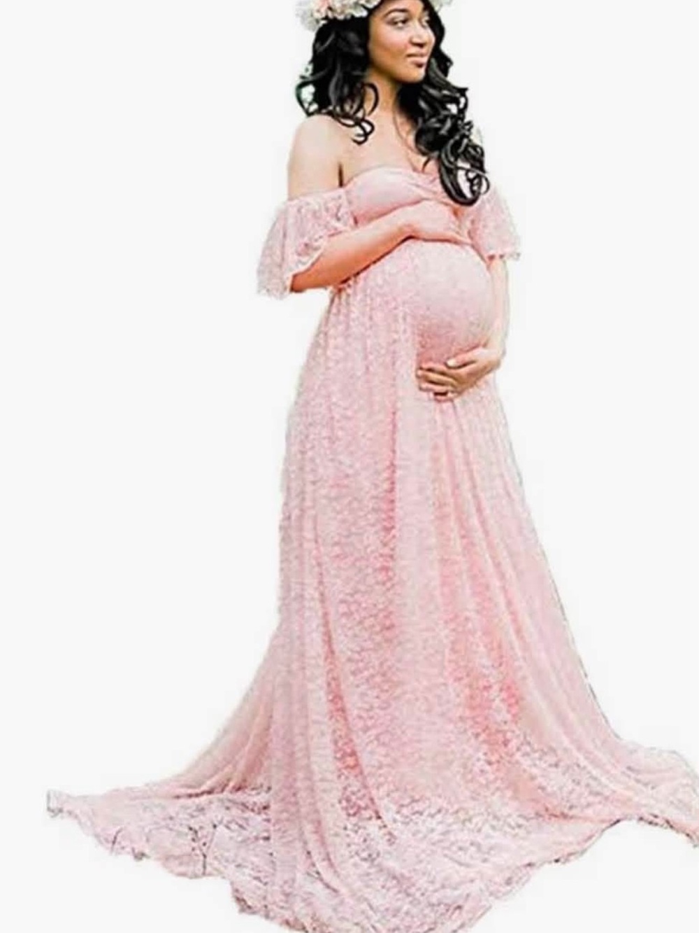 Elegant Off-Shoulder Maternity Lace Gown - Pink